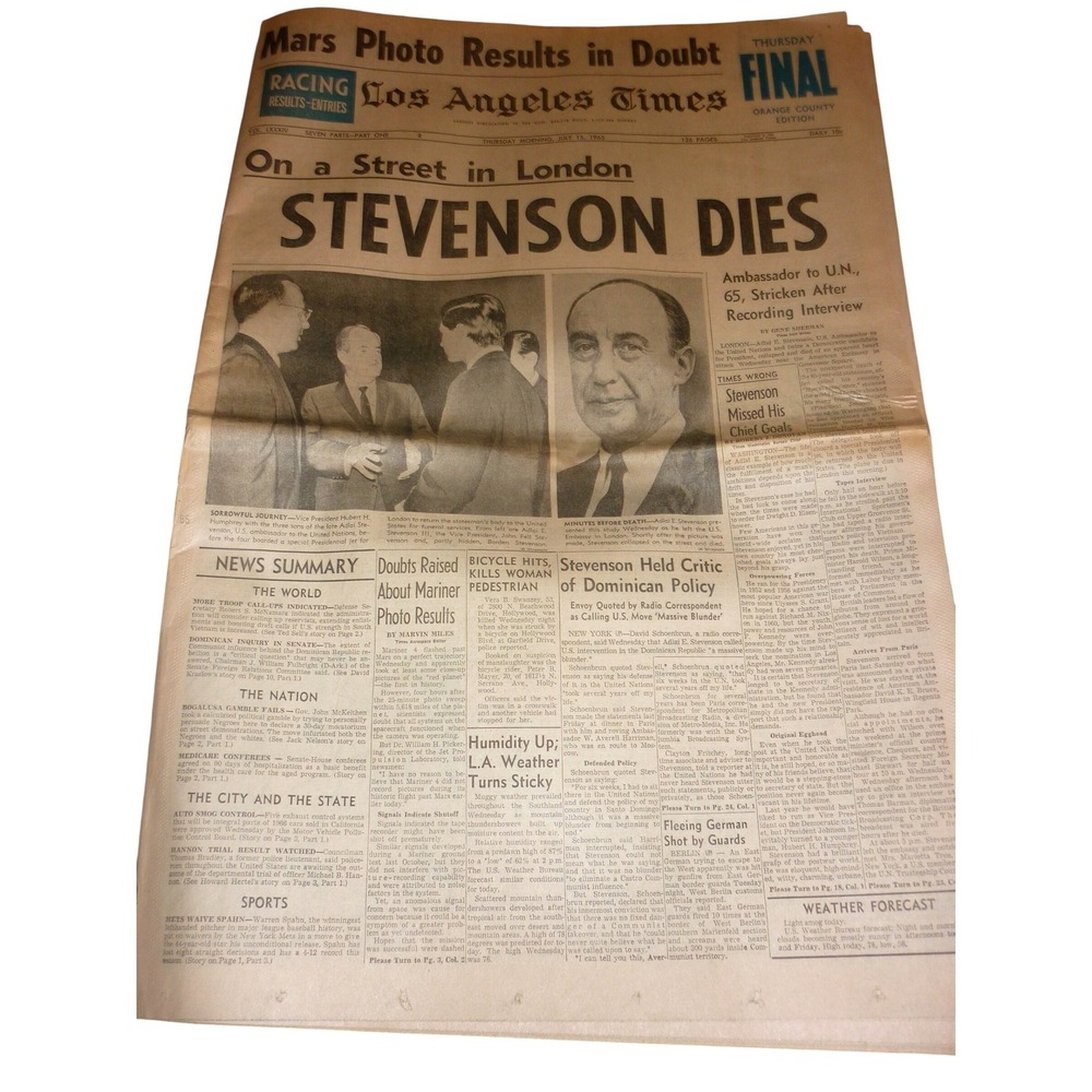 July 15 1965 Los Angeles Times Newspaper Adlai Stevenson Dies Mars Photos